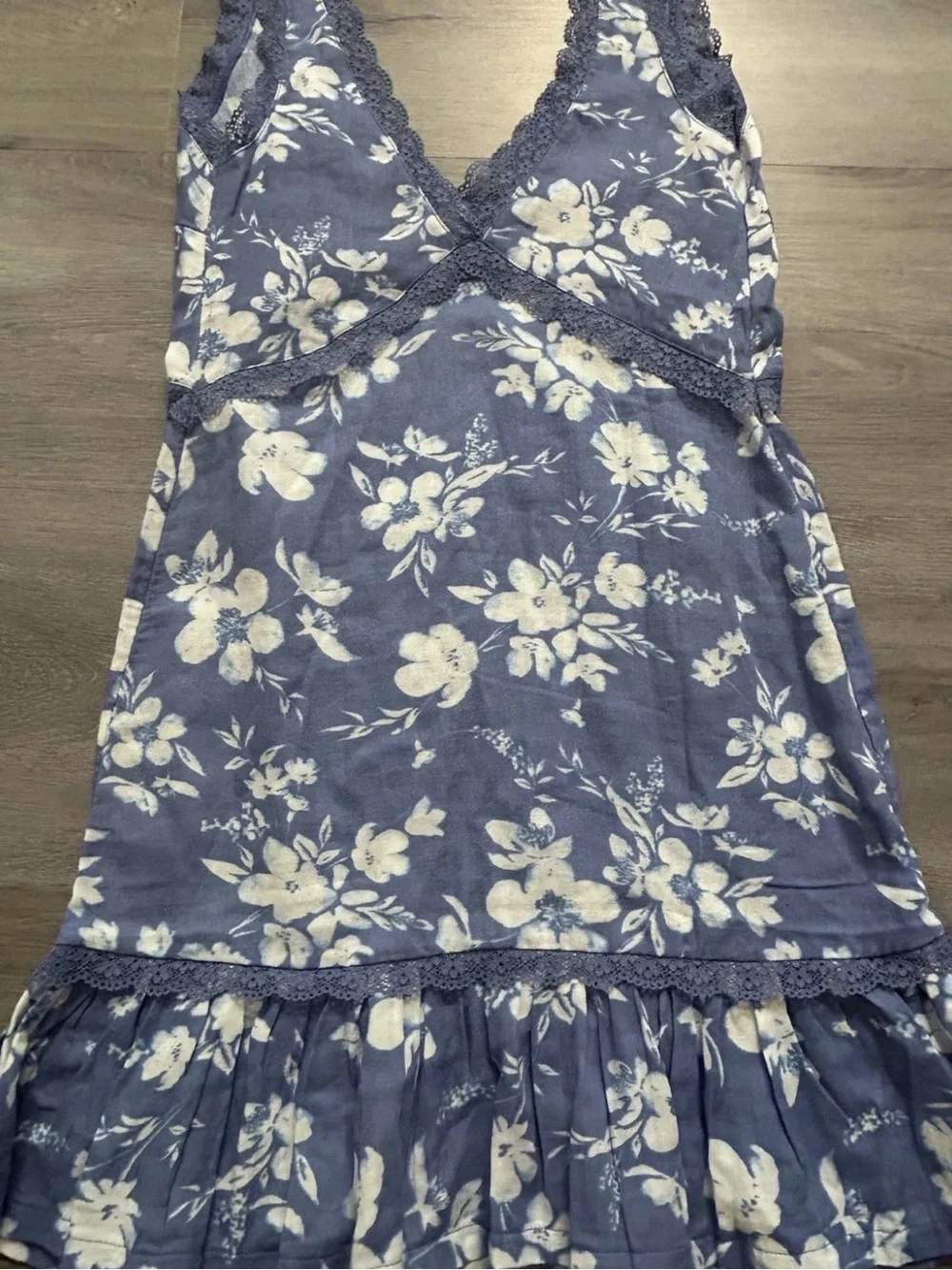Adore Me Floral Lace Trim Nightgown Chemise Dress Blue White XS Cottagecore